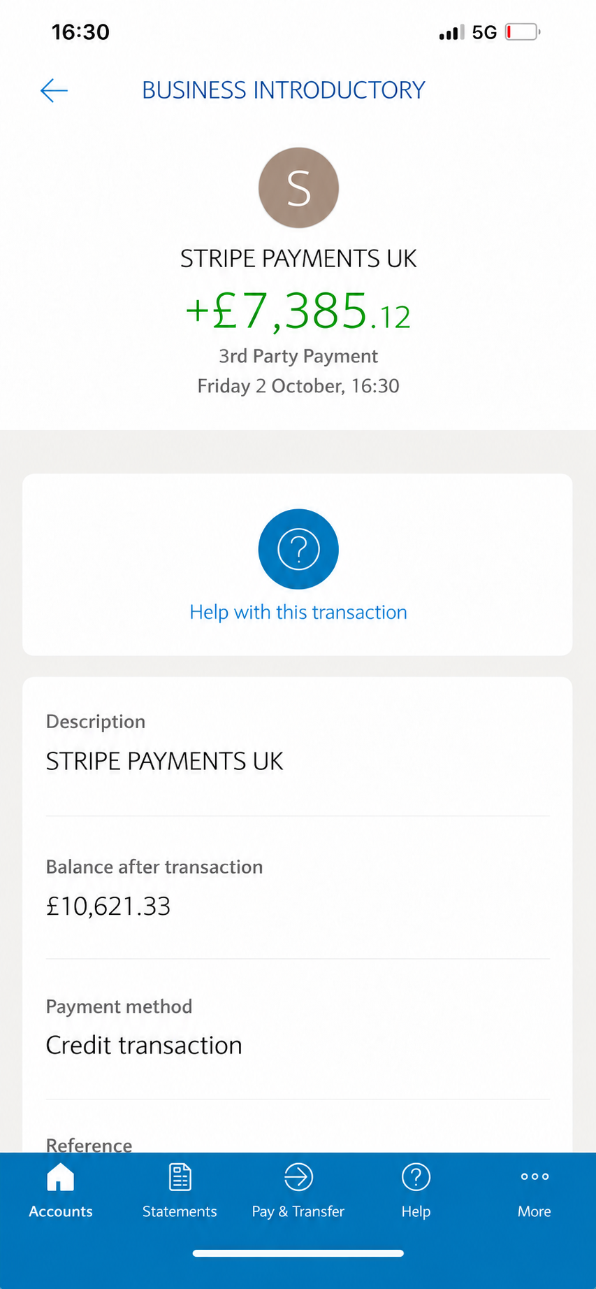 £7,385.12 ecommerce payment received