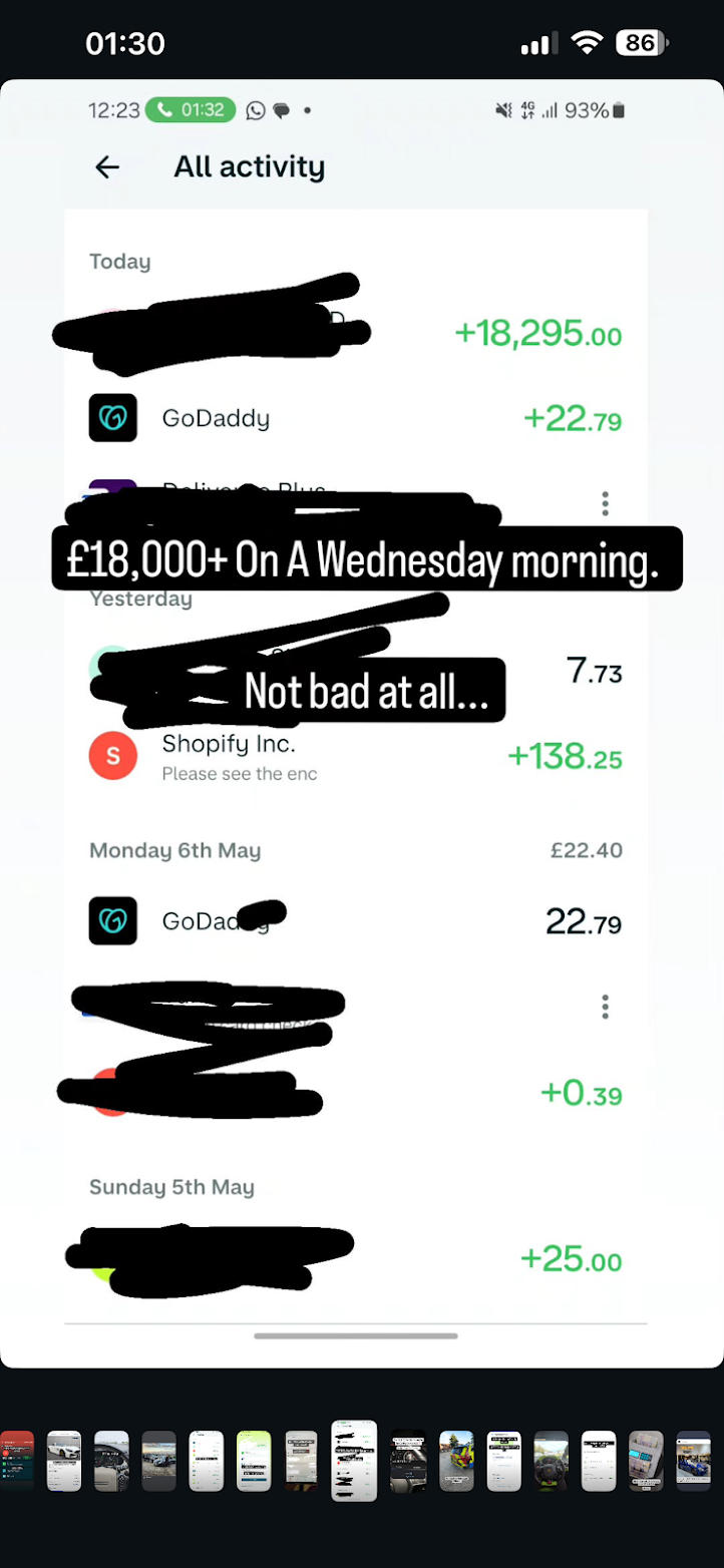 Screenshot showing more than £18,000 in account activity