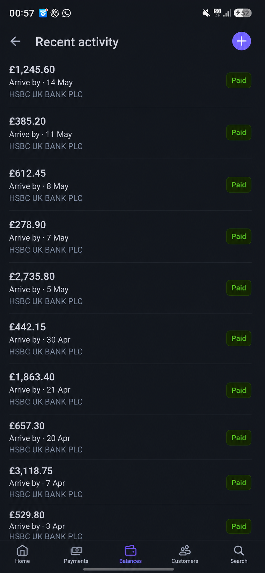 A series of completed ecommerce payouts