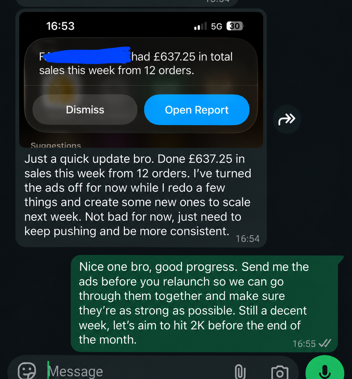 A real student sales update and coaching conversation